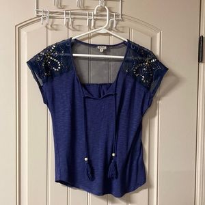 Eyeshadow Top Blouse Boho Lace Contrast Bead Embellishment Tassels Blue Size M